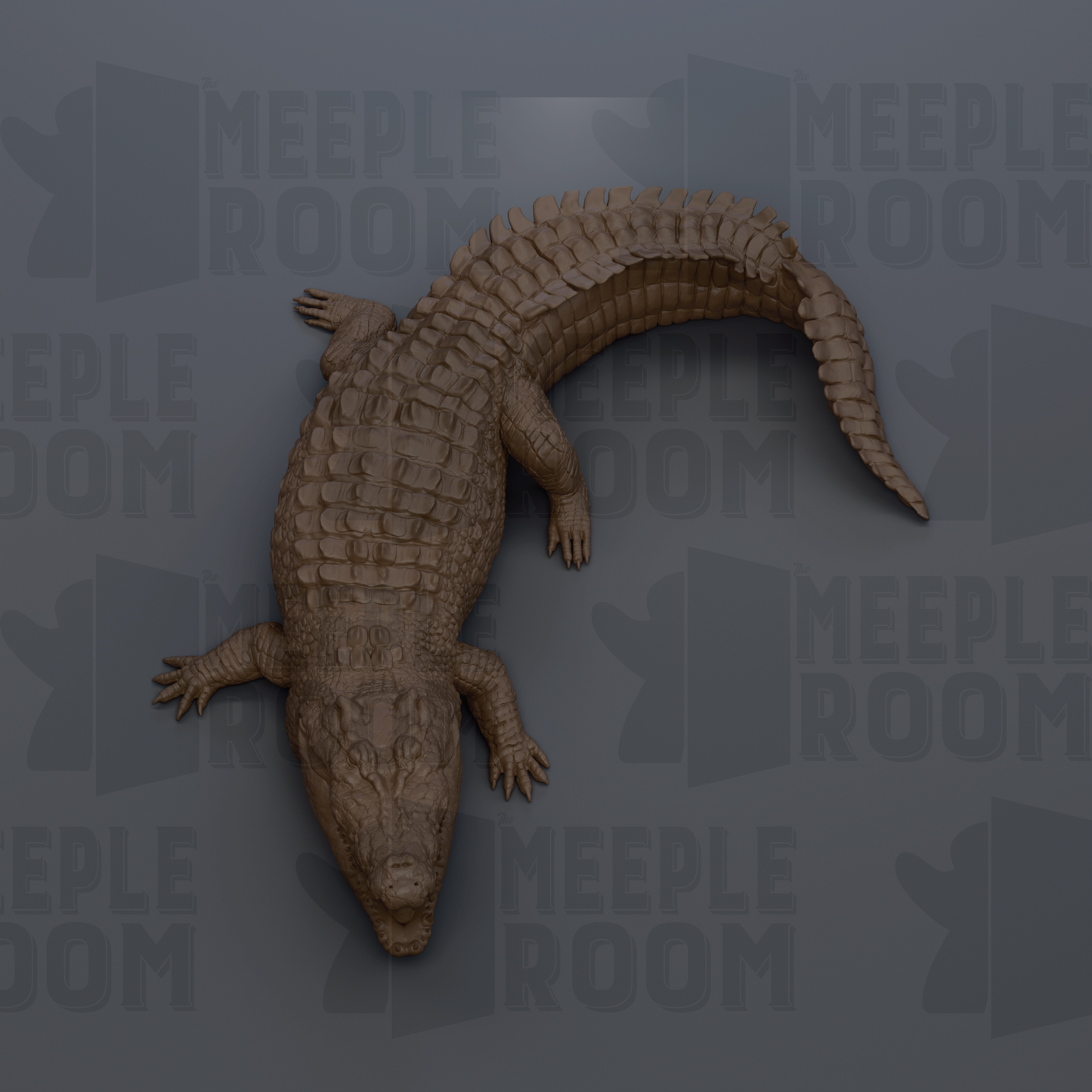 A 3D rendering of a crocodile or alligator, with its distinctive scales and tail visible, against a dark background with repeated text.