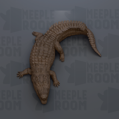 A 3D rendering of a crocodile or alligator, with its distinctive scales and tail visible, against a dark background with repeated text.