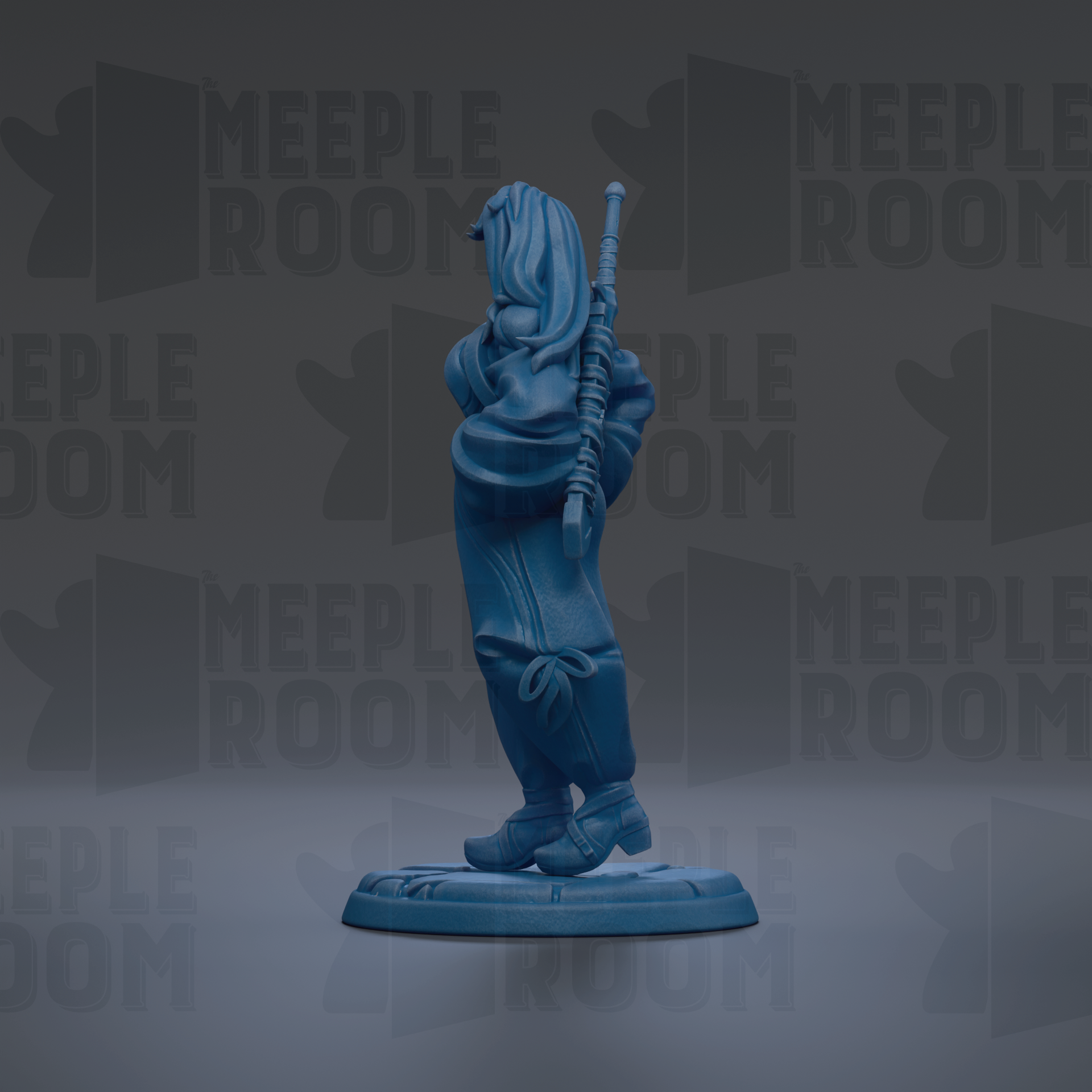 A blue figurine of a person holding a staff, standing on a platform against a dark background with repeated text.