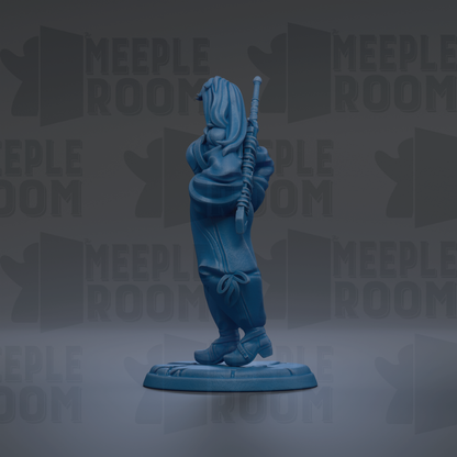 A blue figurine of a person holding a staff, standing on a platform against a dark background with repeated text.