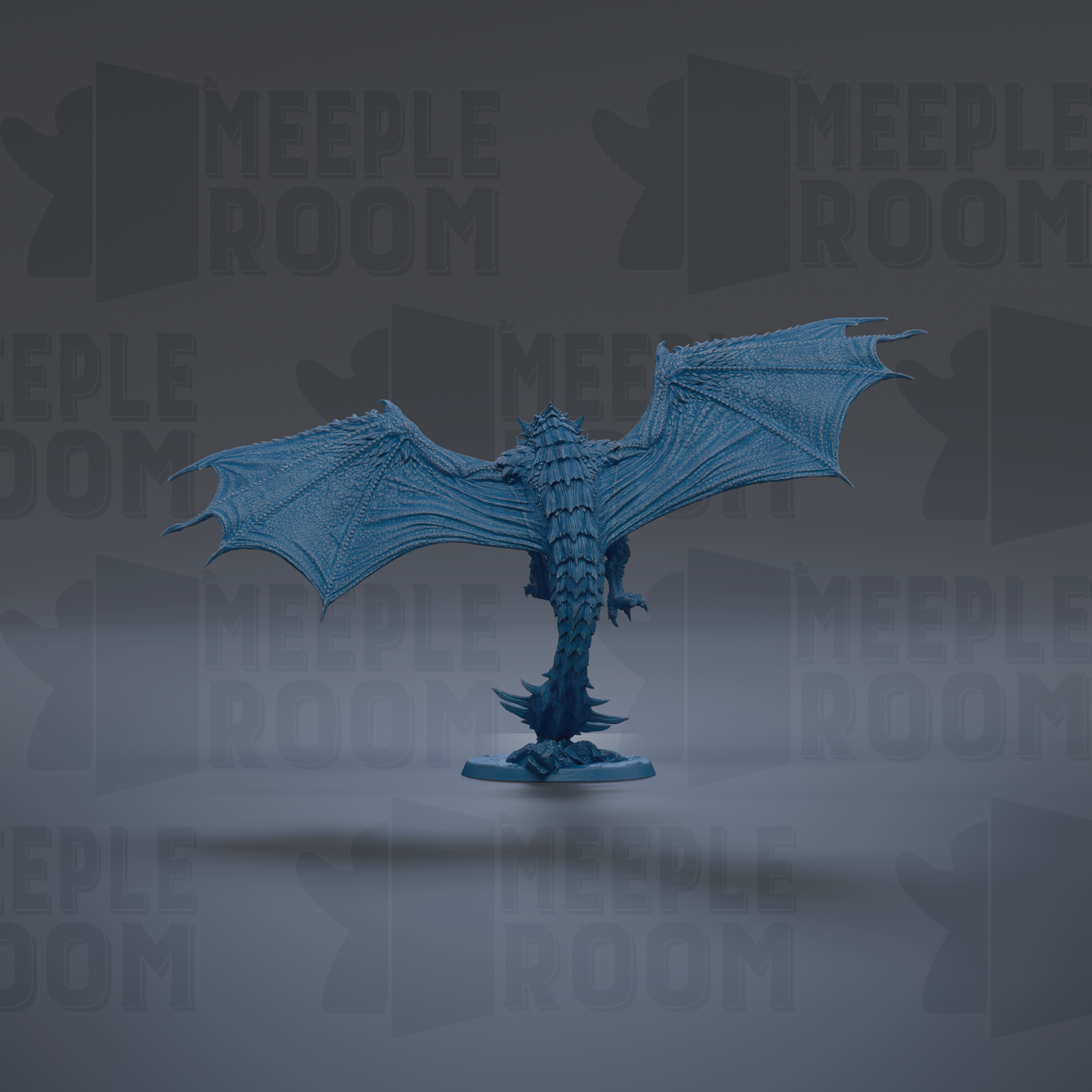 A blue dragon figurine with outstretched wings is the central focus of the image.