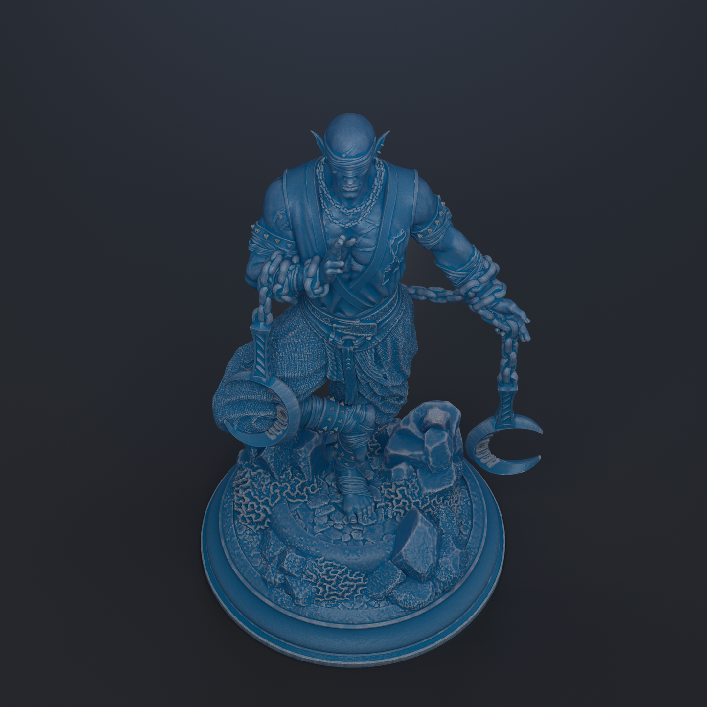A 3D rendering of a blue-colored statue depicting a warrior figure with a chain around its neck and a crescent moon in its hand.