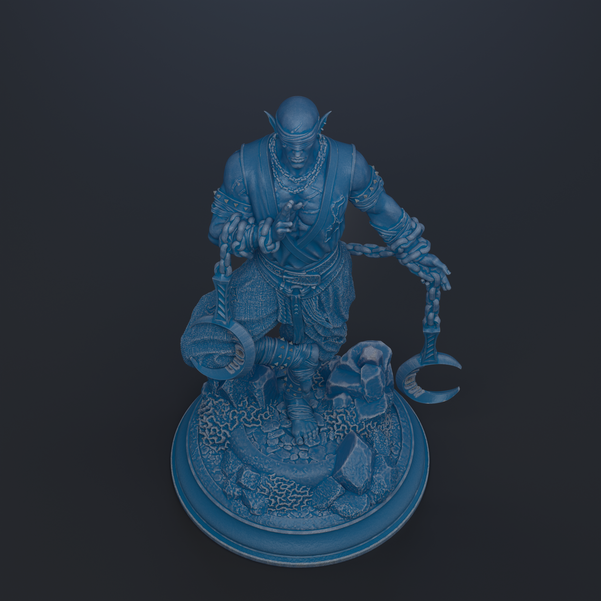 A 3D rendering of a blue-colored statue depicting a warrior figure with a chain around its neck and a crescent moon in its hand.