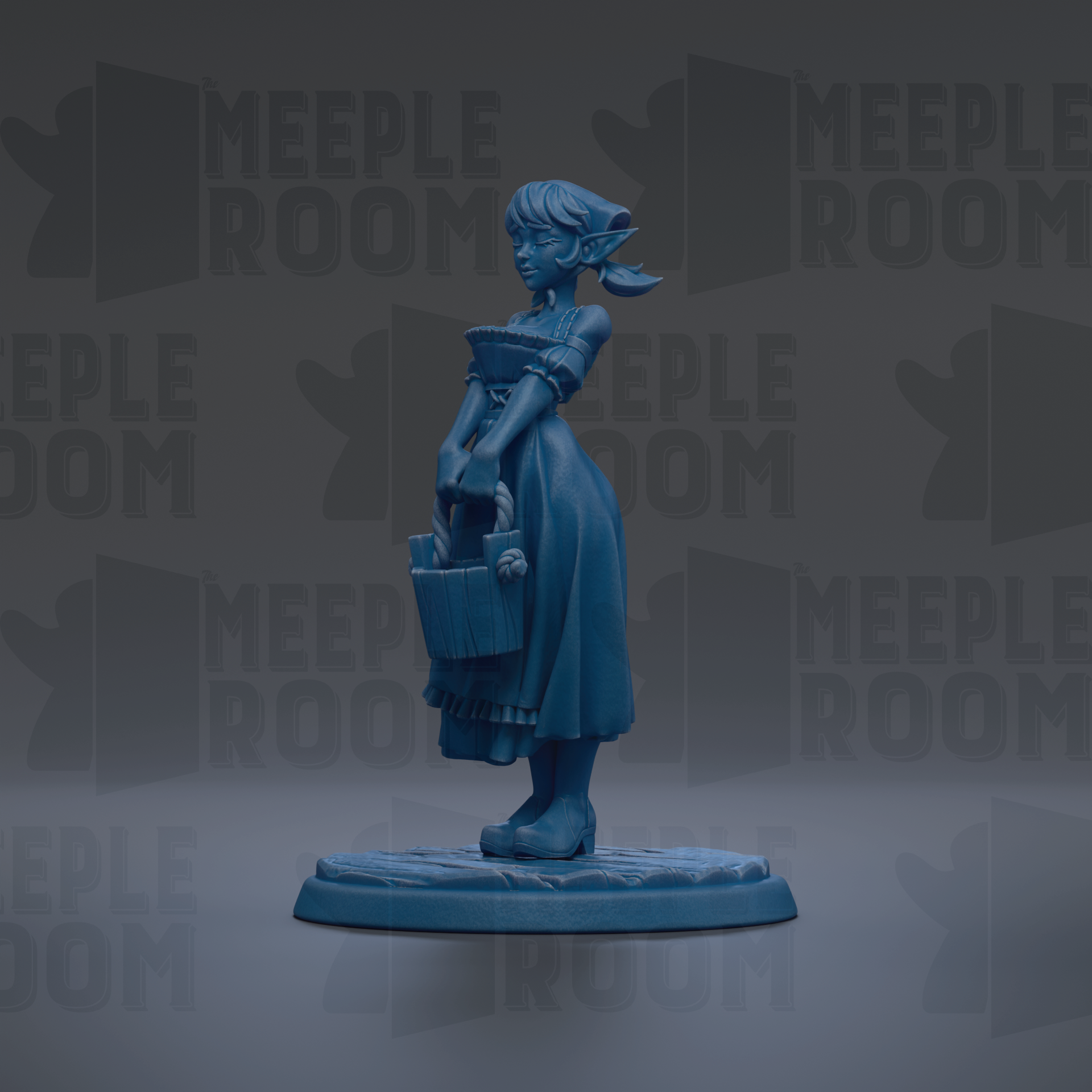 A blue figurine of a woman holding a bag stands on a base against a dark background with repeated text.