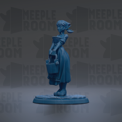 A blue figurine of a woman holding a bag stands on a base against a dark background with repeated text.