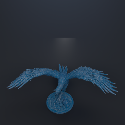 A blue bird statue with outstretched wings is depicted against a dark background.