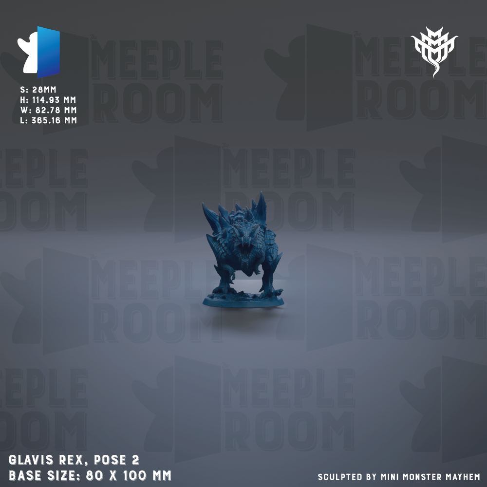 a small blue figurine of a creature, possibly a monster or dragon, posed in a pose with its legs spread apart. The background has a repeating pattern of the word "MEIPLE ROOM" in various sizes and orientations. The image is described as a "collage of multiple images" and is labeled as "GLAVIS REX, pose 2" with a base size of "80 x 100 mm".
