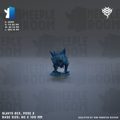 a small blue figurine of a creature, possibly a monster or dragon, posed in a pose with its legs spread apart. The background has a repeating pattern of the word "MEIPLE ROOM" in various sizes and orientations. The image is described as a "collage of multiple images" and is labeled as "GLAVIS REX, pose 2" with a base size of "80 x 100 mm".