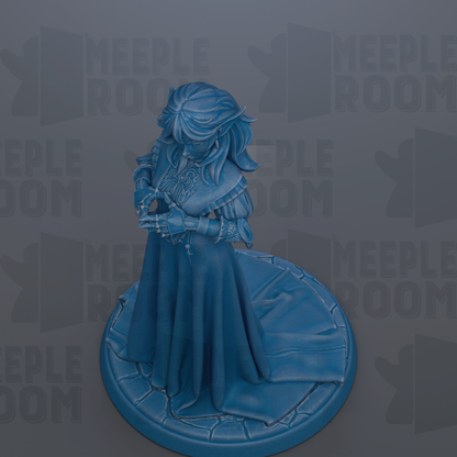 A blue figurine of a woman with long hair and a flowing dress stands on a circular base against a dark background with repeated text.