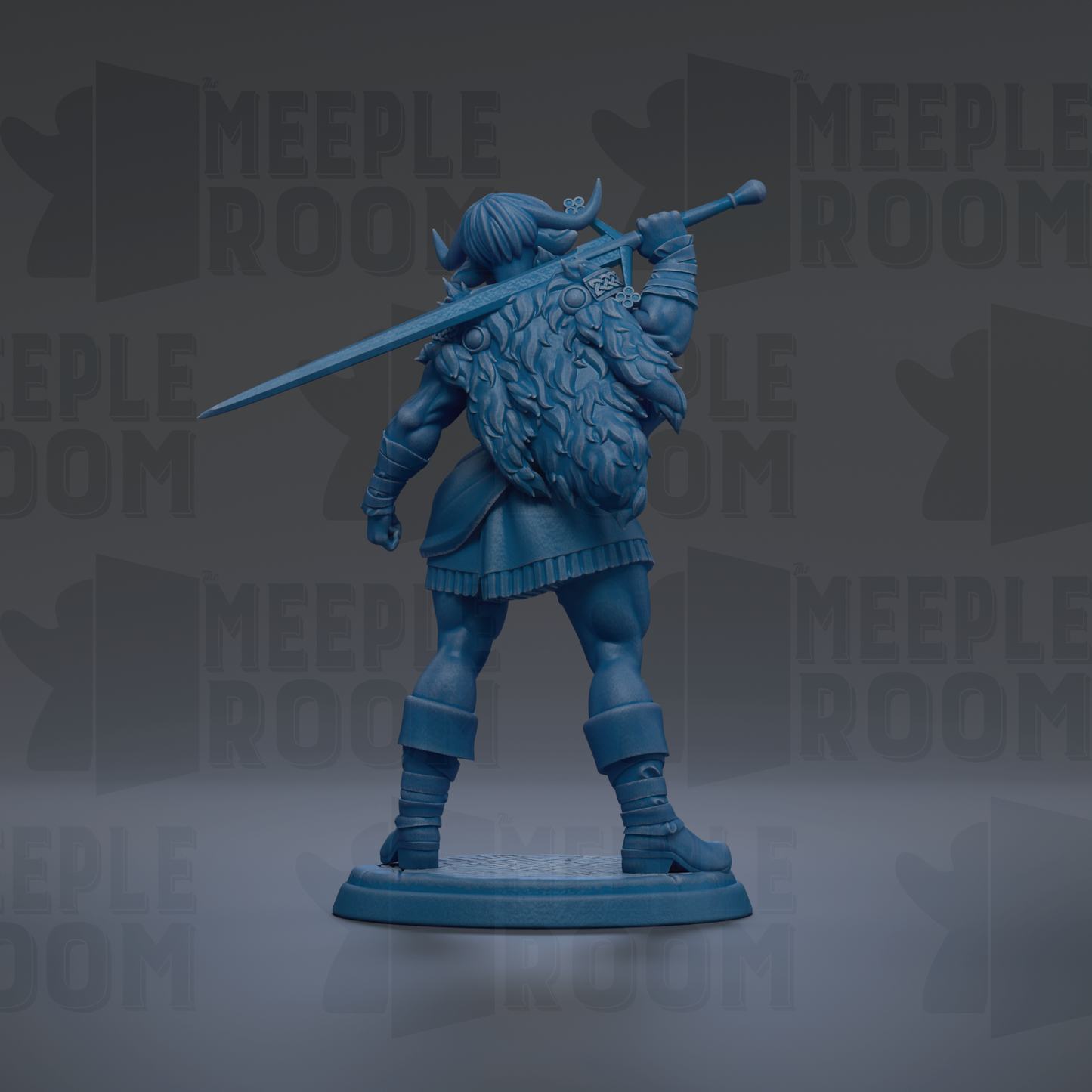 A blue figurine of a warrior standing with a sword in hand, wearing a long beard and armor.