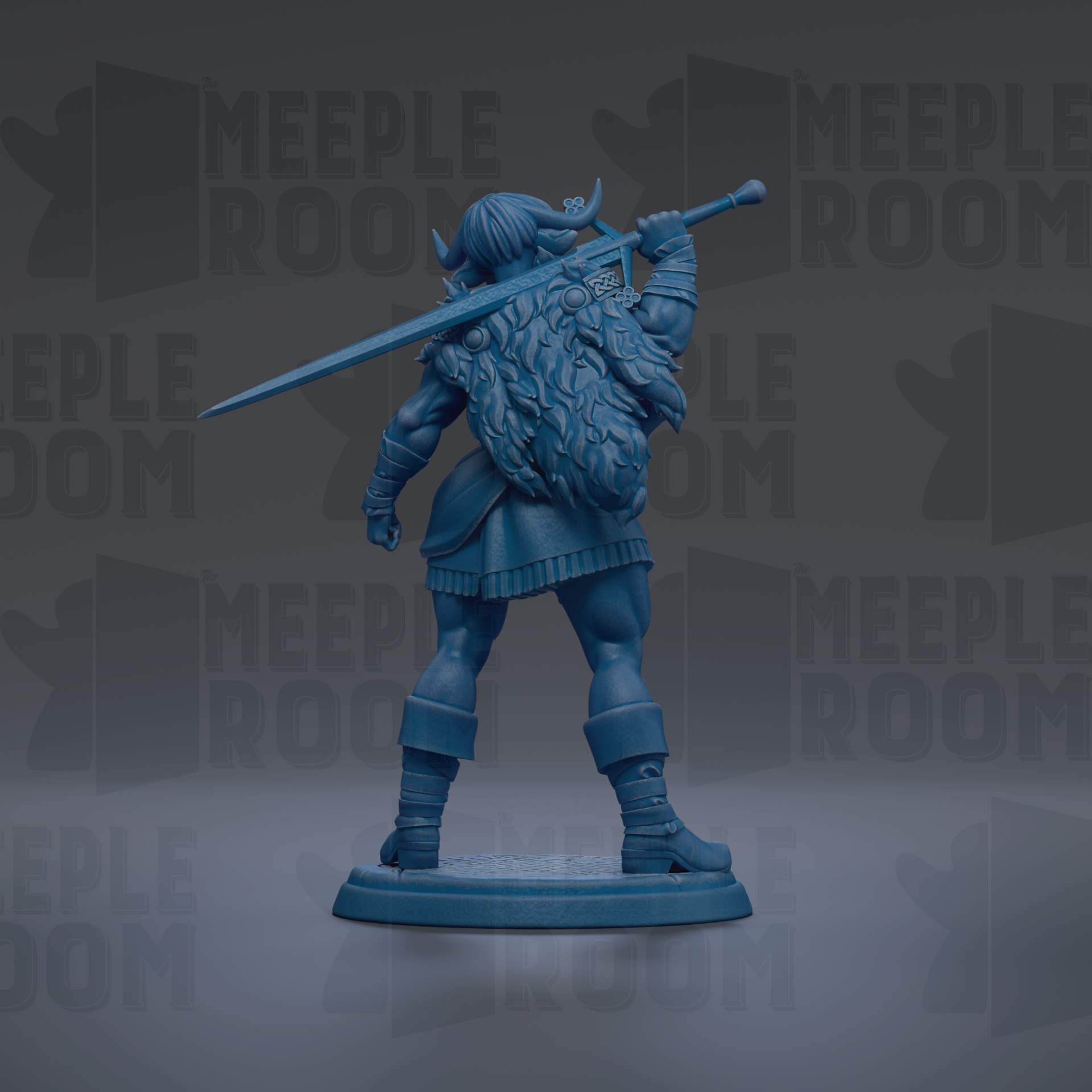 A blue figurine of a warrior standing with a sword in hand, wearing a long beard and armor.