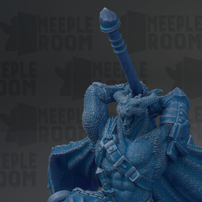 A close-up of a blue dragon statue with a sword in its hand, set against a dark background with repeated text.
