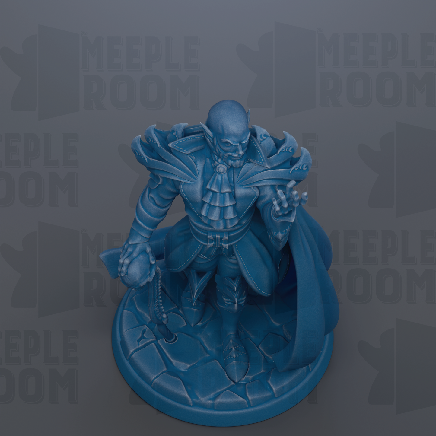 A blue figurine of a character with a sword and shield, standing on a stone base.