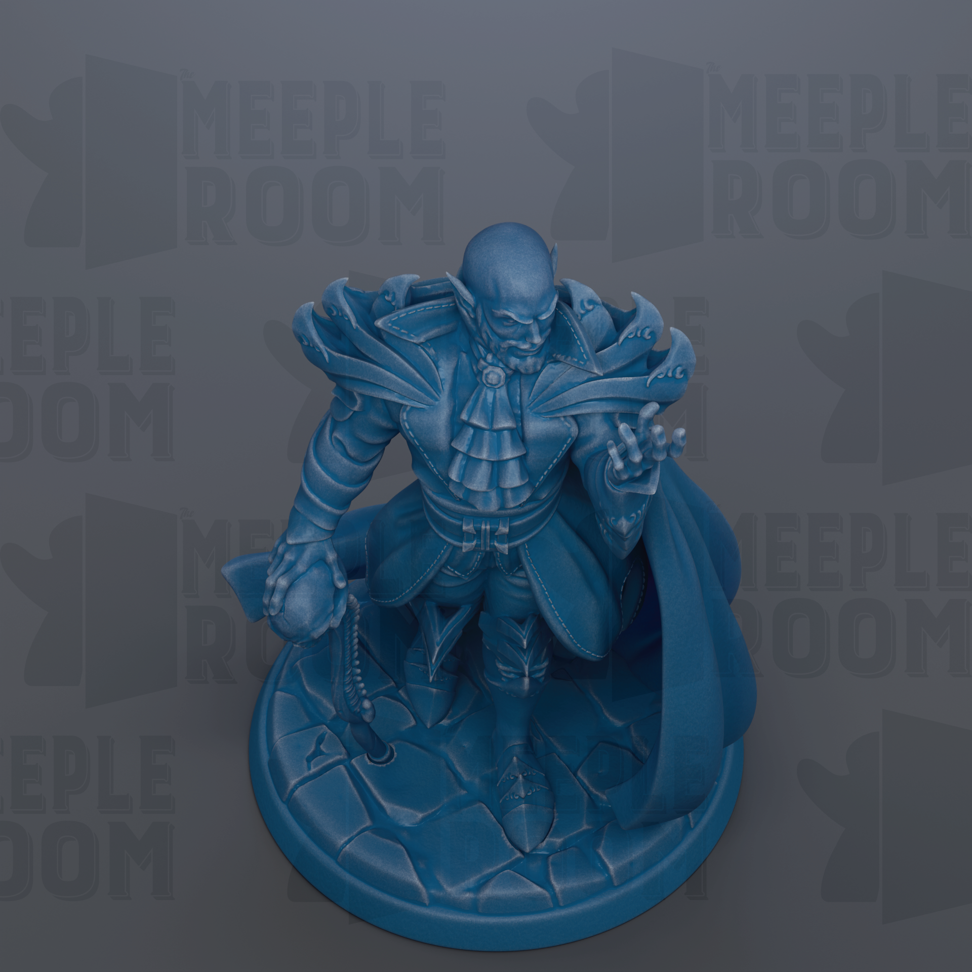 A blue figurine of a character with a sword and shield, standing on a stone base.