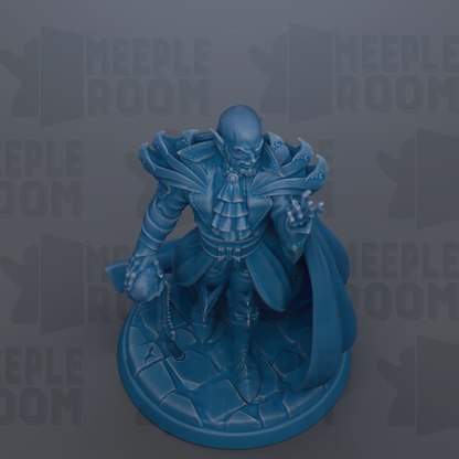 A blue figurine of a character with a sword and shield, standing on a stone base.