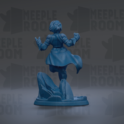 A blue figurine of a person standing on a rock formation against a dark background with repeated text.