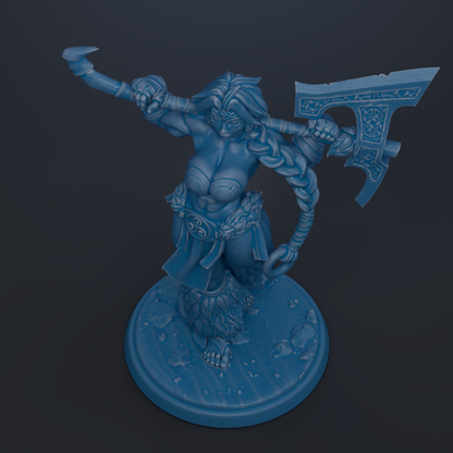 A blue figurine of a female warrior standing on a base, holding a large weapon in her right hand.