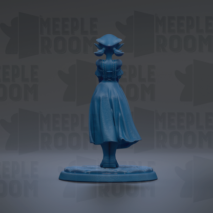 A blue figurine of a woman wearing a long dress stands on a base against a dark background with repeated text.