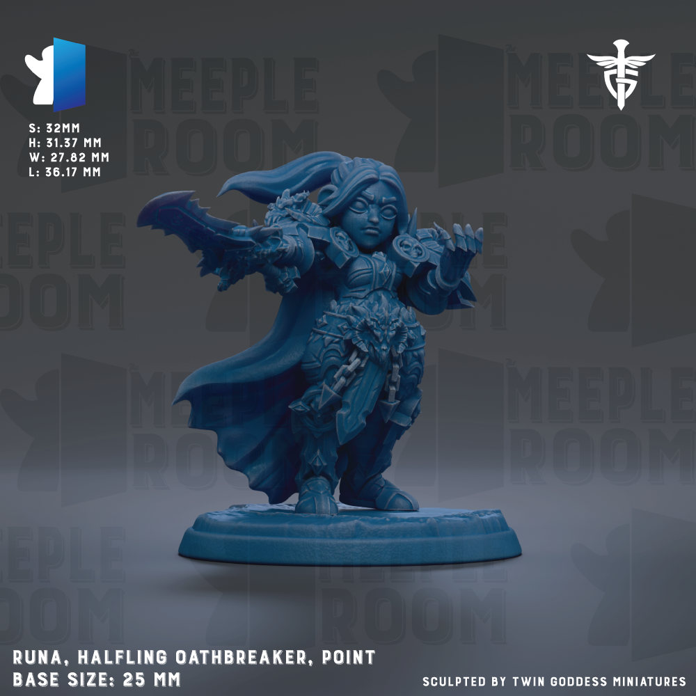 a detailed blue figurine of a halfling oathbreaker, a warrior-like character, standing on a base and holding a sword. The figurine is shown in a dynamic pose, with its arms outstretched and a cape billowing behind it. The background of the image is a dark gray color, which contrasts with the blue of the figurine and makes it stand out. The image also includes text that provides information about the figurine, such as its size, base, and sculpting by Twin Goddess Miniatures.