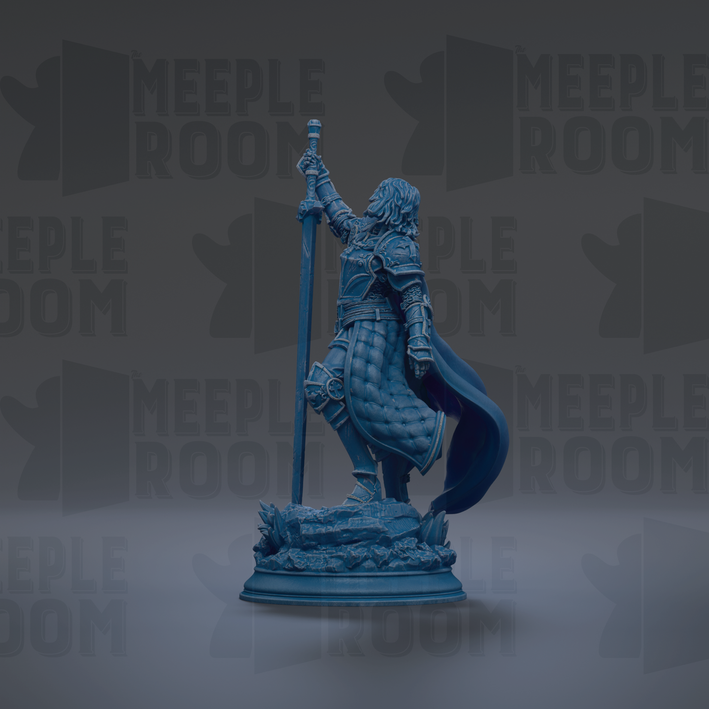 A blue statue of a knight holding a sword and shield, standing on a pedestal.