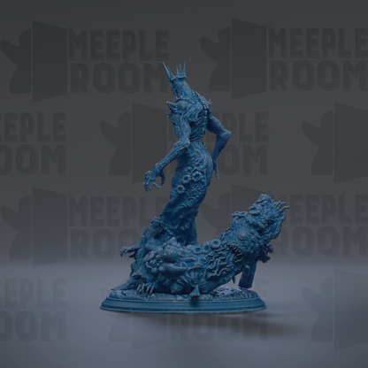 A dark blue, 3D-rendered statue of a fantastical creature with intricate, textured features stands on a base, surrounded by repeated text and logos.