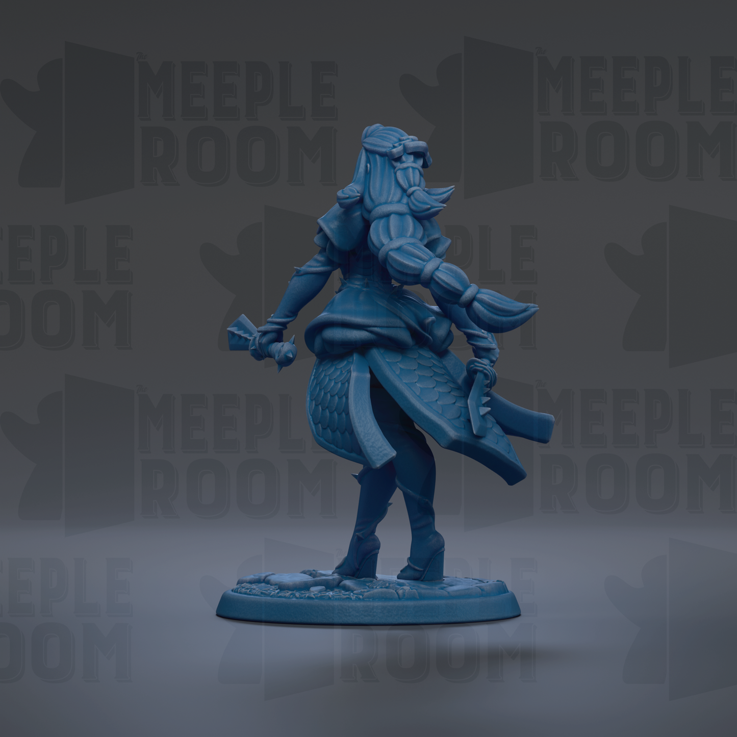 A blue figurine of a character with long hair and a beard, holding a weapon, standing on a base against a dark background with repeated text.