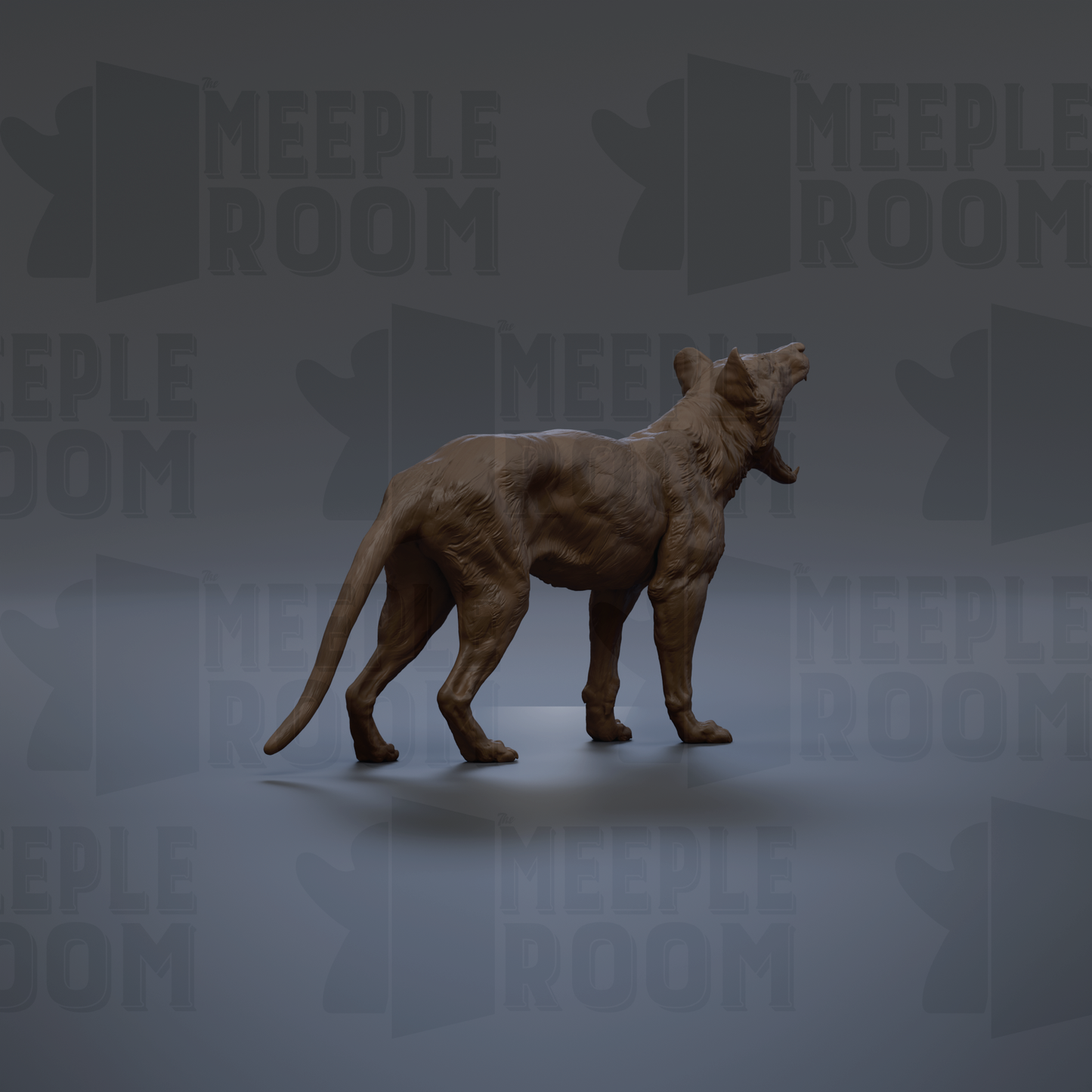 A 3D rendering of a dog statue with its mouth open, standing on a gray background with repeated text.