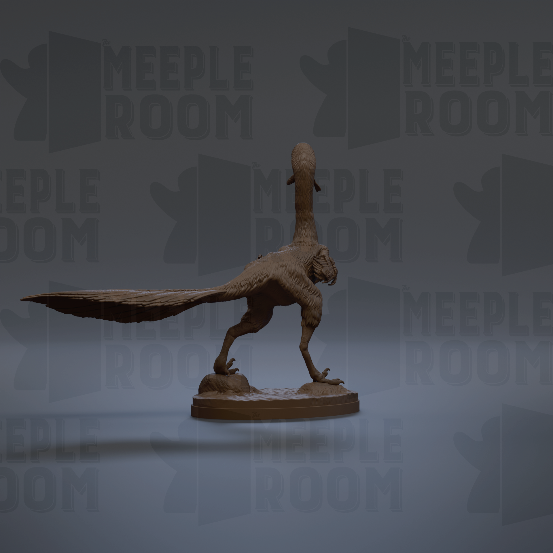 A 3D rendering of a dinosaur statue with a long tail and a tall, pointed head, standing on a base.