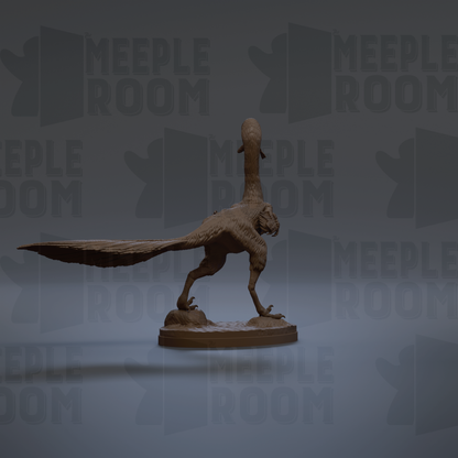 A 3D rendering of a dinosaur statue with a long tail and a tall, pointed head, standing on a base.