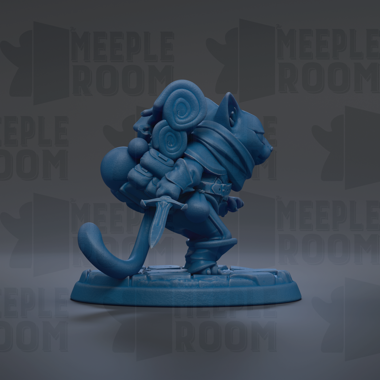 A blue figurine of a cat-like creature with a backpack and a sword, standing on a platform against a dark background with repeated text.
