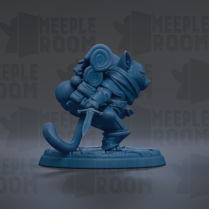 A blue figurine of a cat-like creature with a backpack and a sword, standing on a platform against a dark background with repeated text.