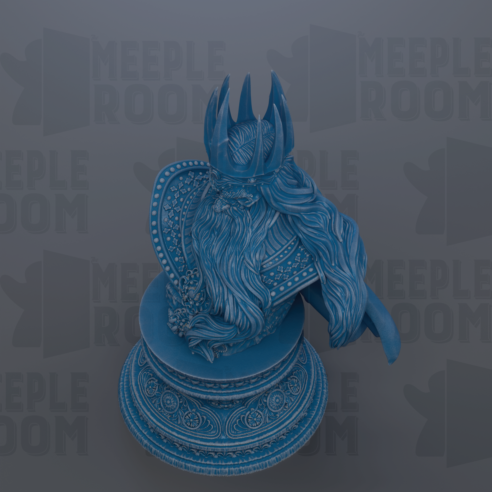 A blue statue of a bearded man wearing a crown, sitting on a pedestal with intricate designs.