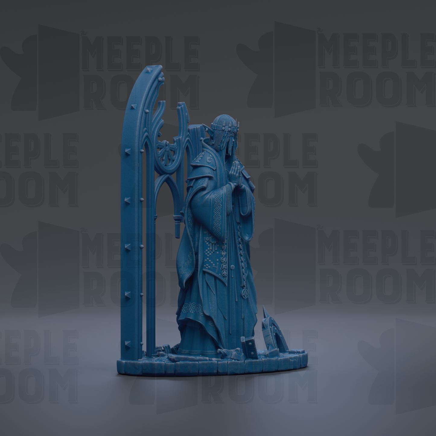 A blue statue of a figure standing in front of a large archway, with the text "MEUPLE ROOM" repeated in the background.