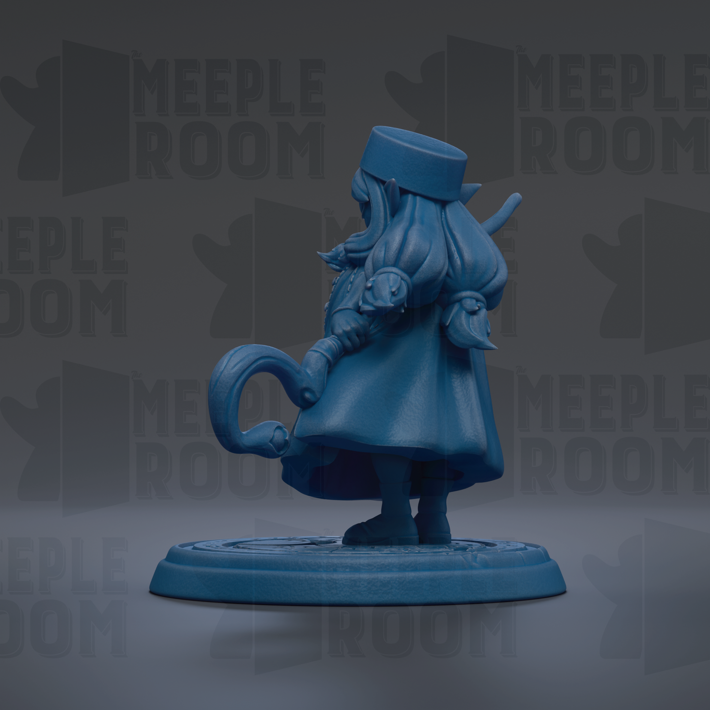 A blue figurine of a person standing on a platform, holding a curved object in their hand.