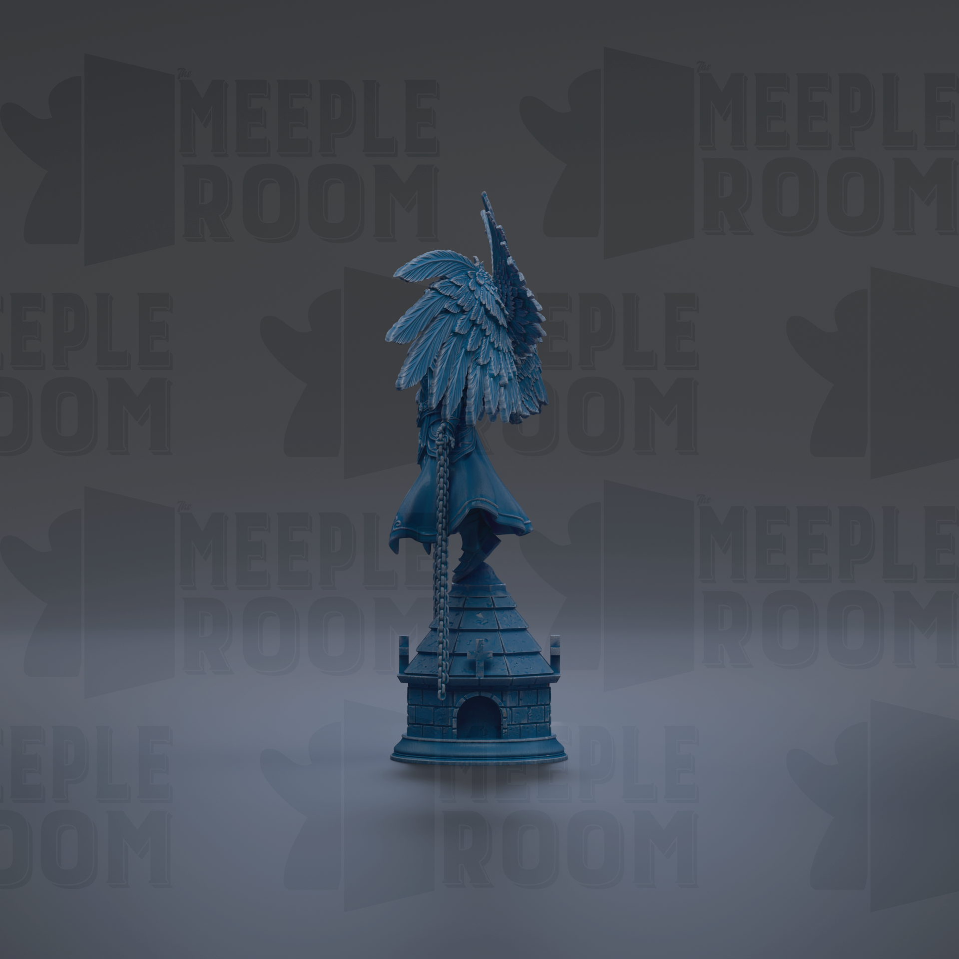 A blue bird statue with a pointed beak and large wings stands on a small building-like structure against a dark background with repeated "MEIPLLE ROOM" text.