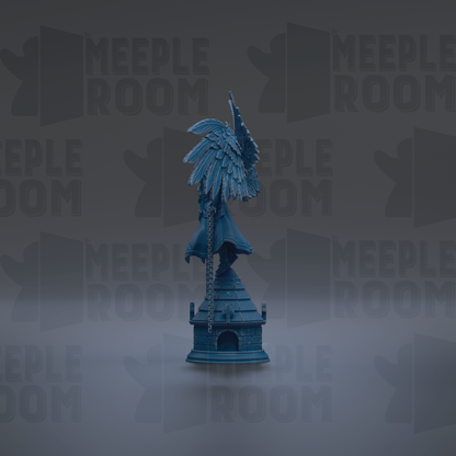 A blue bird statue with a pointed beak and large wings stands on a small building-like structure against a dark background with repeated "MEIPLLE ROOM" text.
