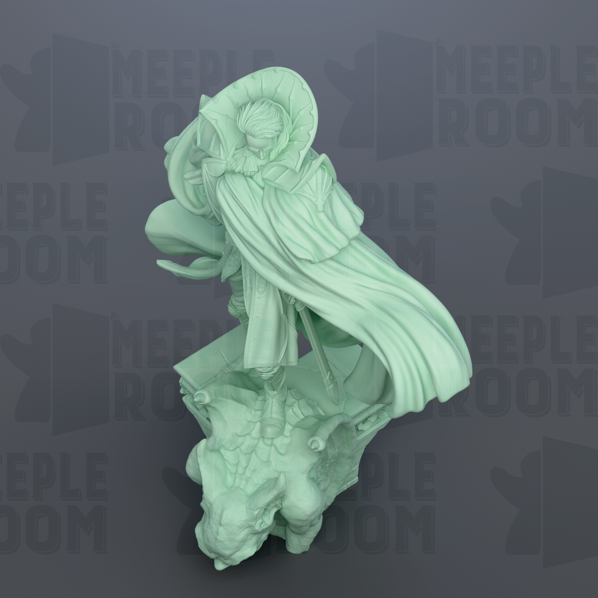 A green statue of a figure with a flowing robe and hat, standing on a rock formation.