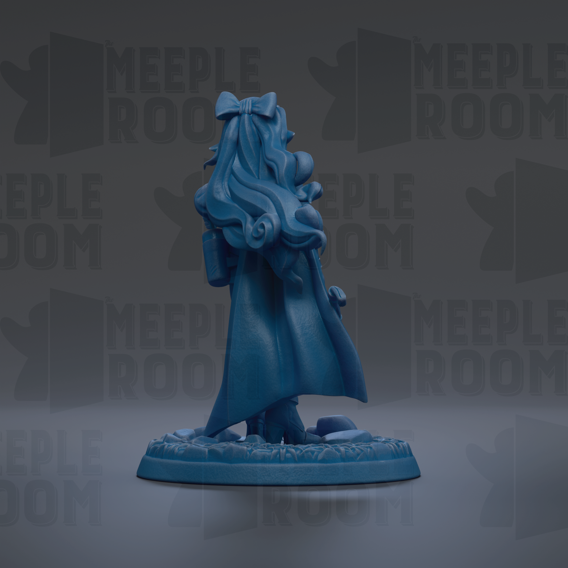 A blue figurine of a woman with long, flowing hair and a bow stands on a base against a dark background with repeated text.