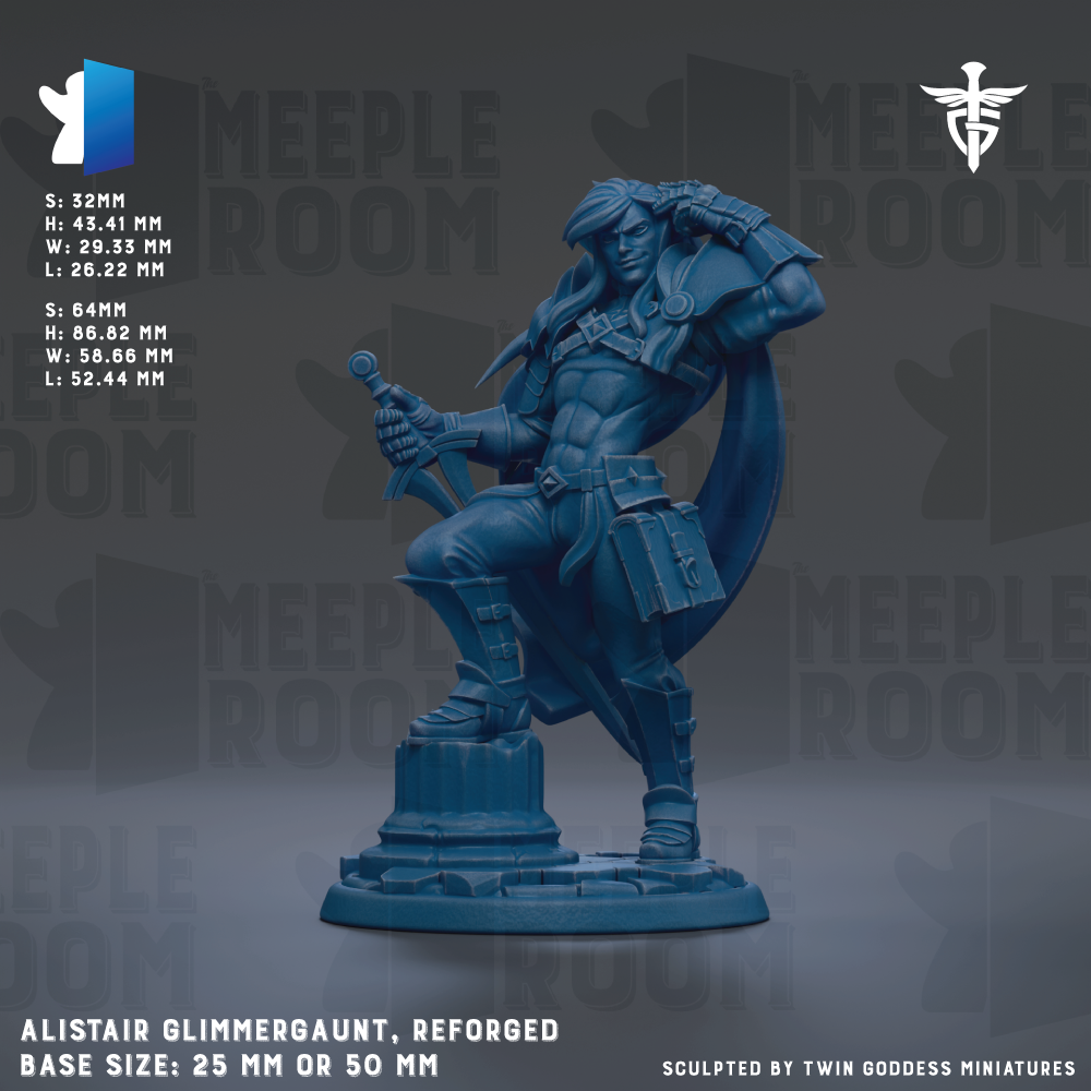 The image is a detailed 3D rendering of a blue fantasy character, likely a warrior or knight, with a sword in hand. The character is standing on a pedestal and appears to be in a fighting stance. The image is described as a "MEIPLE ROOM" and is a "MEIPLE GLIMMERGAUNT, REFORGED". The base size of the figure is either 25mm or 50mm. The image is described as "SCULPTED BY TWIN GODESS MINIATURES".