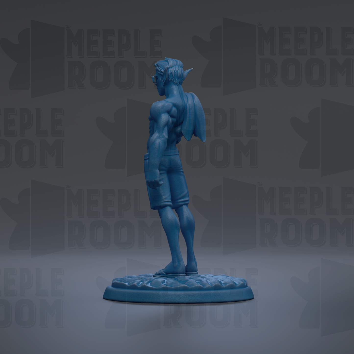A blue figurine of a person standing on a platform against a dark background with repeated text.