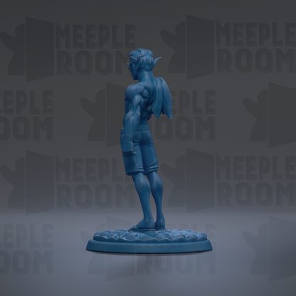 A blue figurine of a person standing on a platform against a dark background with repeated text.