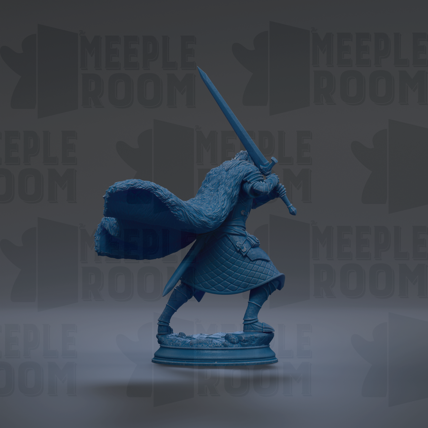 A blue statue of a warrior figure holding a sword and shield, standing on a pedestal against a dark background with repeated text.