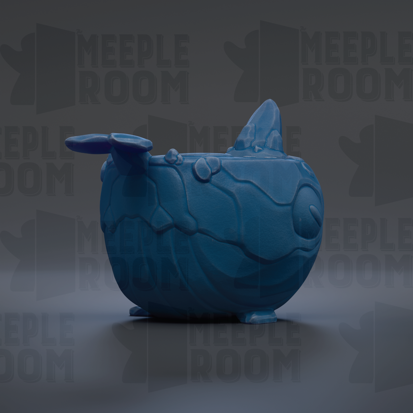 A blue, 3D-rendered object resembling a fish or sea creature, with a textured surface and fins, is shown against a dark background with repeated text.