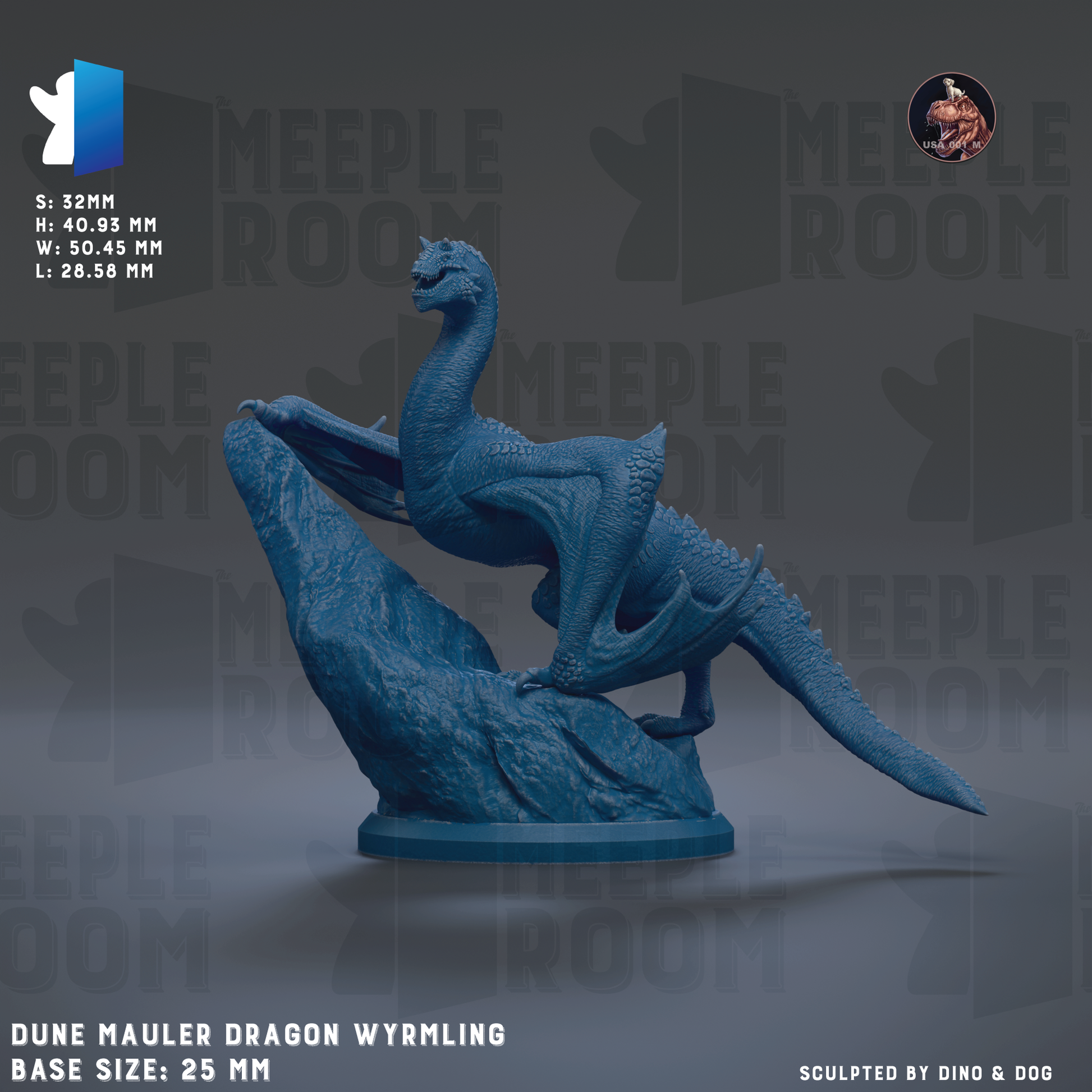The image is a 3D rendering of a blue mule dragon figurine, with the text "DUNE MAULER DRAGON WYRMING" and "BASE SIZES: 26 MM" visible.