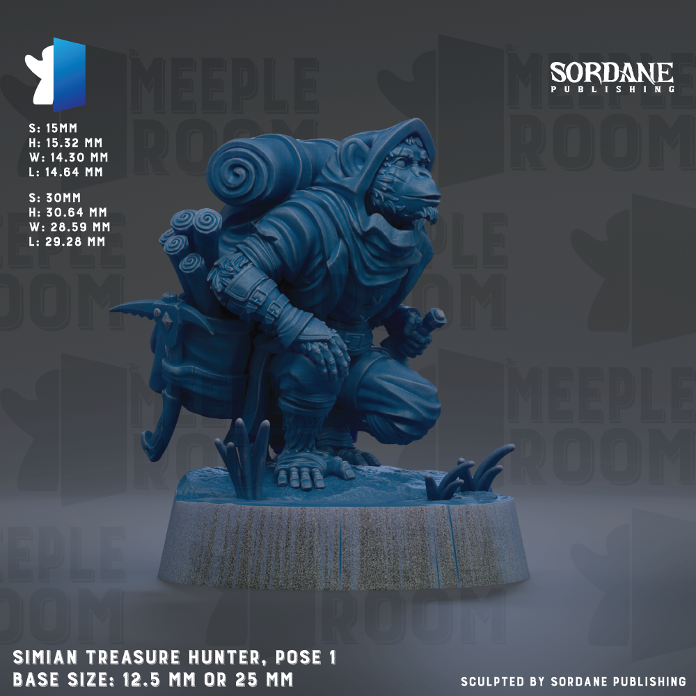 The image is a 3D rendering of a figurine of a monkey-like creature, possibly a treasure hunter, posed on a base. The figurine is described as having a backpack and a sword, suggesting it is a character from a fantasy or adventure game. The base size of the figurine is either 12.5 mm or 25 mm, depending on the interpretation. The image is a collage of various images, and the phrase "Sculpted by Sordane Publishing" is mentioned, indicating that the image is likely published by Sordane Publishing.