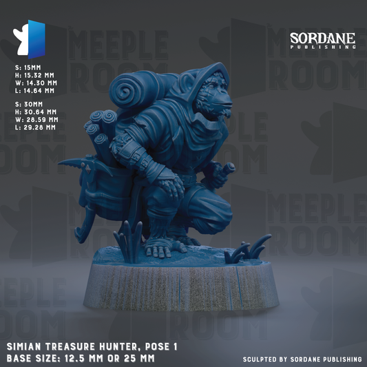 The image is a 3D rendering of a figurine of a monkey-like creature, possibly a treasure hunter, posed on a base. The figurine is described as having a backpack and a sword, suggesting it is a character from a fantasy or adventure game. The base size of the figurine is either 12.5 mm or 25 mm, depending on the interpretation. The image is a collage of various images, and the phrase "Sculpted by Sordane Publishing" is mentioned, indicating that the image is likely published by Sordane Publishing.