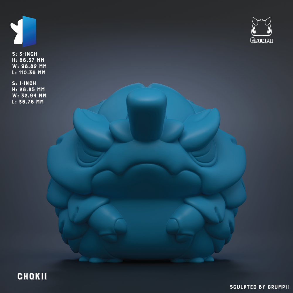 A 3D rendering of a blue, cartoonish creature resembling a chokki, a popular video game character.