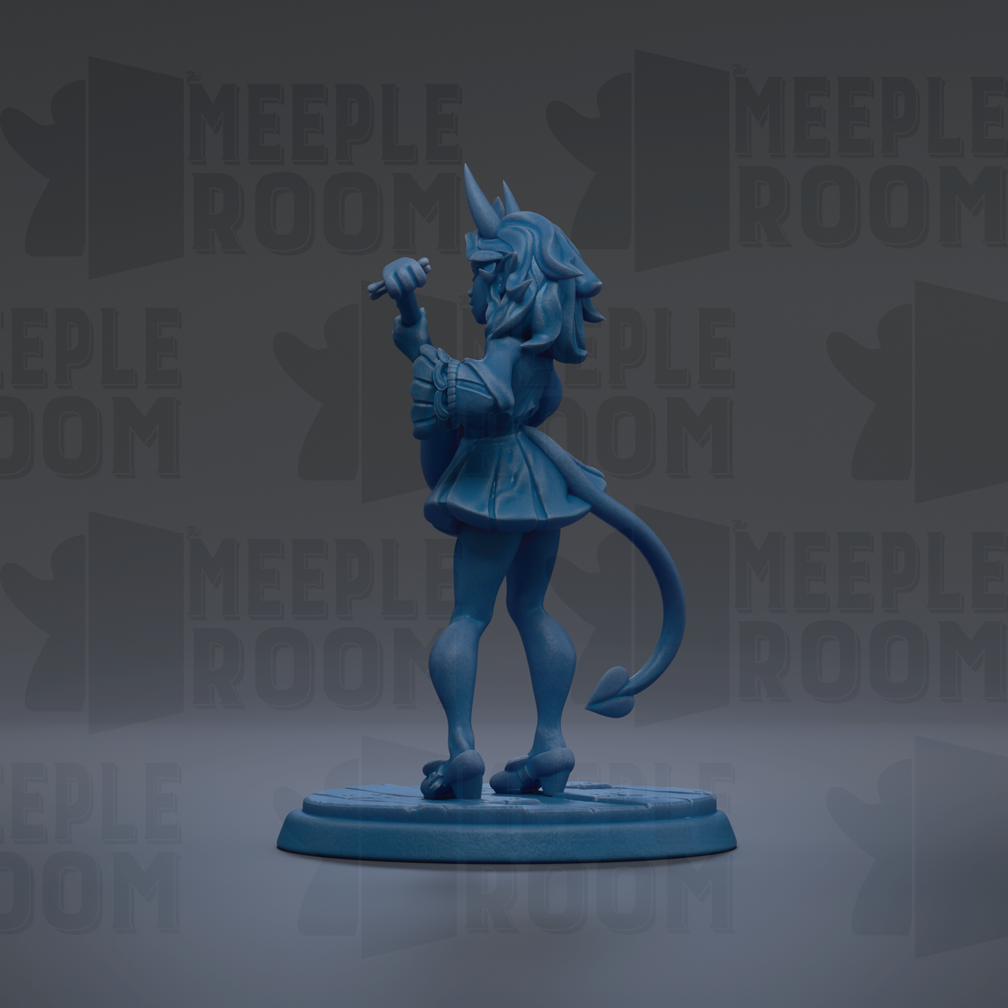 A blue figurine of a character with horns and a tail, standing on a blue base and holding a small object in its hand.