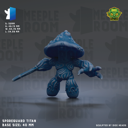 a blue mushroom-shaped figurine with a sword in its hand, set against a dark background with repeated text.