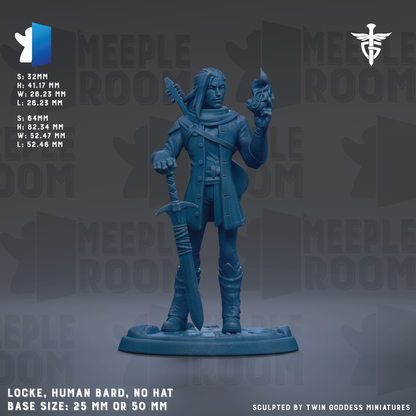 A figurine of a human bard, with a sword and a shield, is shown against a dark background. The figurine is described as a "Locke, Human Bard, No Hat Base Size: 25mm or 50mm".